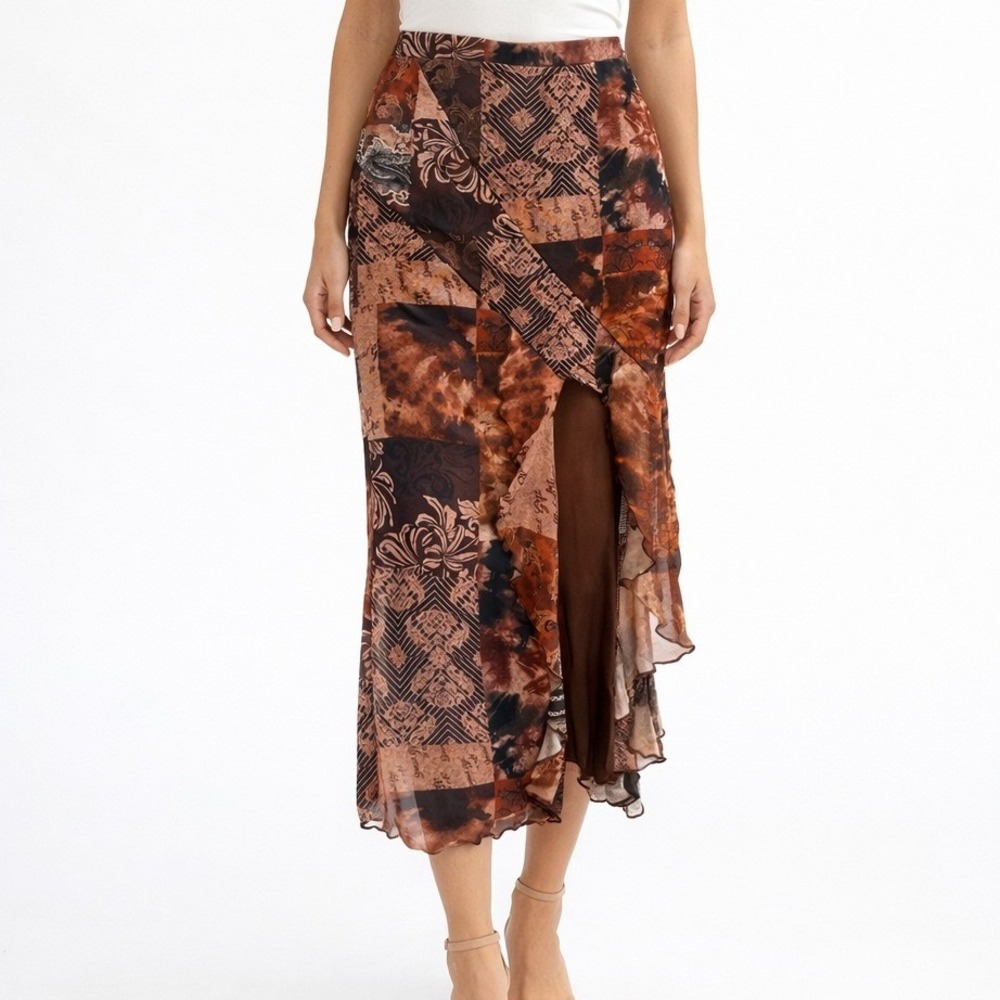 Patchwork Mesh Midi Skirt Women XS Brown Ruffle Side Slit Boho Western Festival
